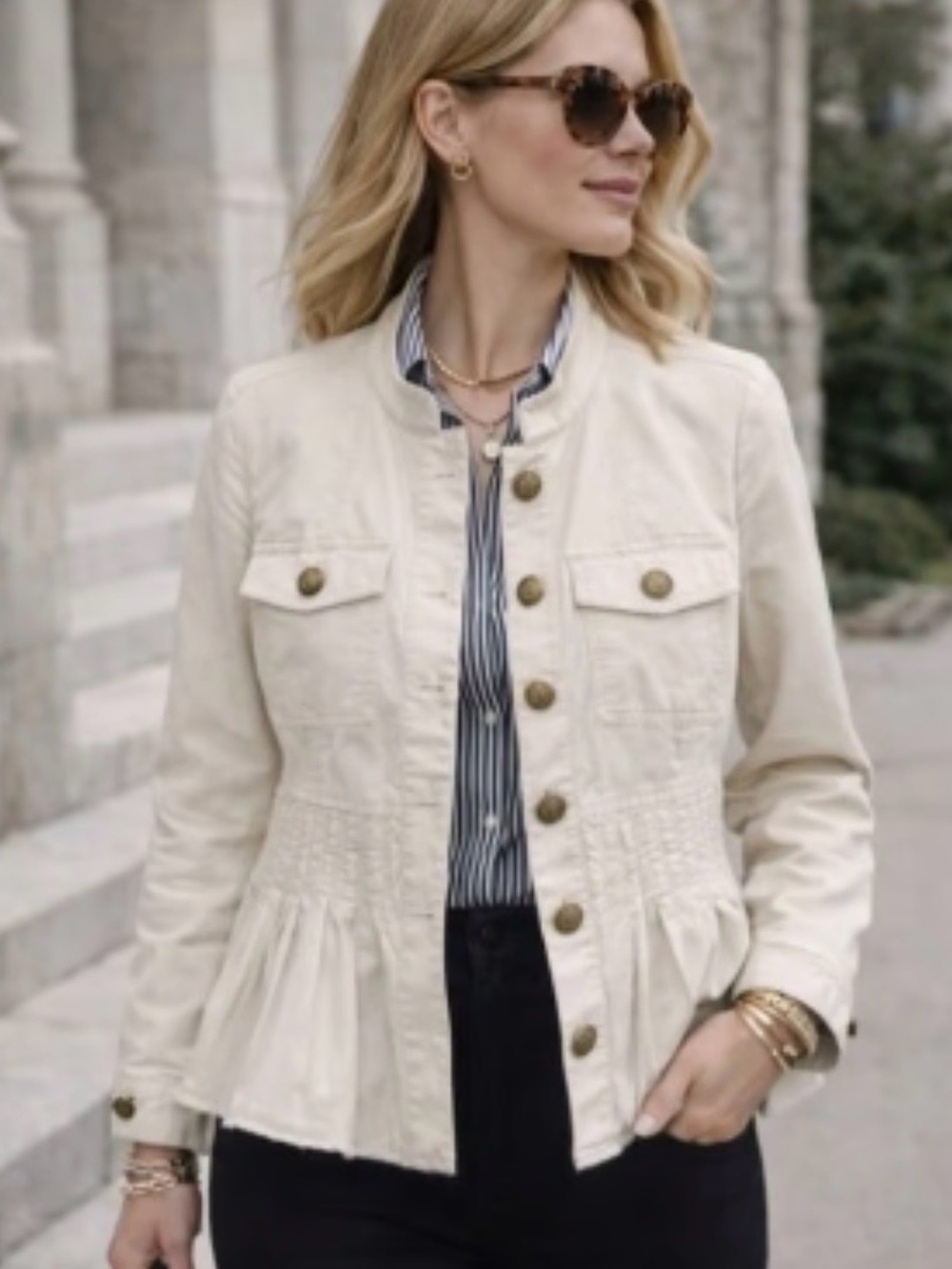 J. Jill Military Peplum Jacket Womens MP Beige Gold Button Classic Ruffle